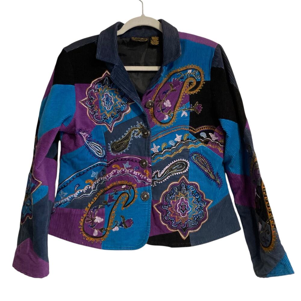 Vintage Y2K Julia Kim Blue Purple Corduroy Paisley Patchwork Blazer Size Medium - Picture 1 of 16